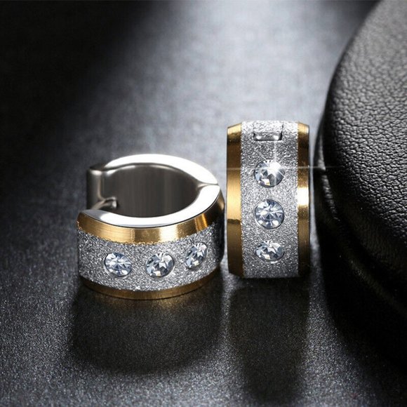 Mens Silver Gold Stainless Steel Diamond Zircon Sandblast Hoop Earrings 14mm - Picture 1 of 5